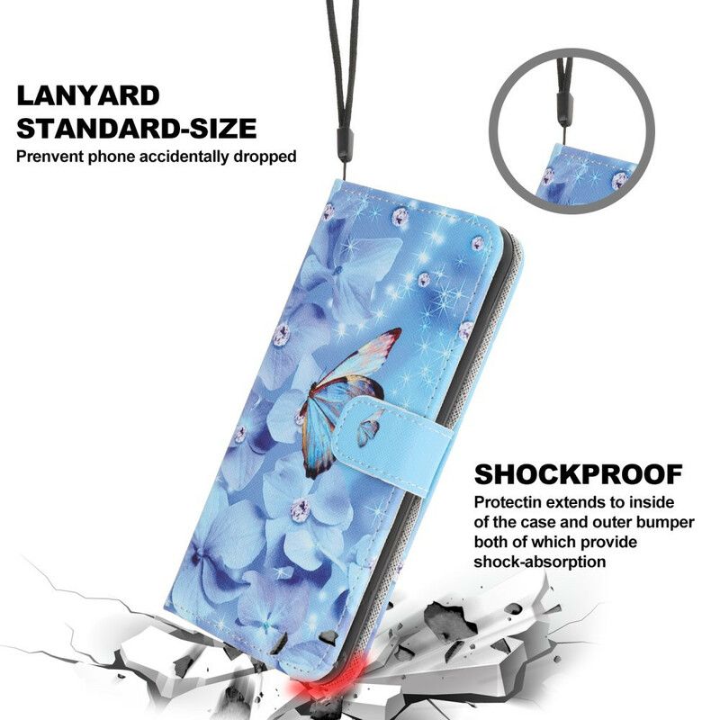 Folio Deksel Til iPhone 13 Pro Max Diamond Strappy Butterflies