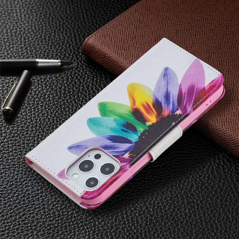 Lærdeksel Folio Deksel iPhone 13 Pro Max Mobildeksel Blomsterakvarell