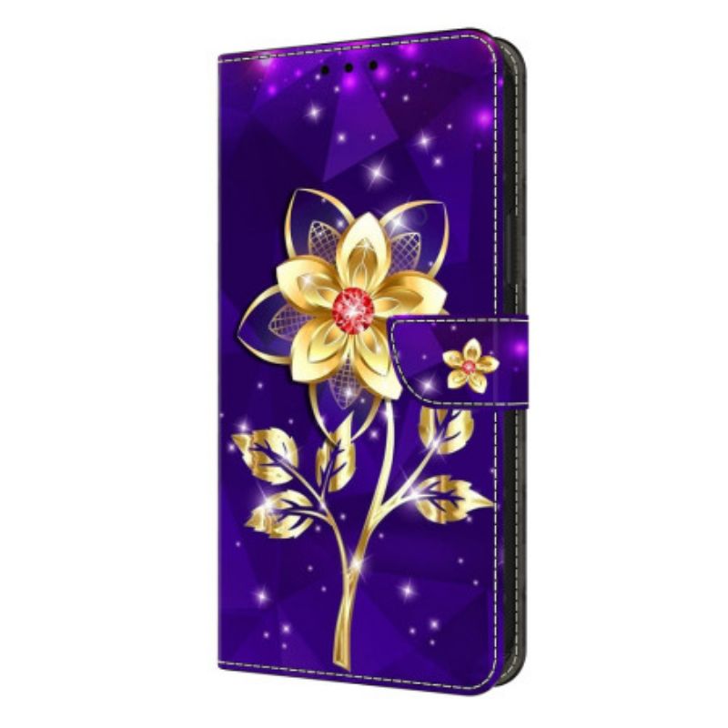 Folio Deksel Samsung Galaxy S26 Plus Gyldne Blomster På Lilla Bakgrunn