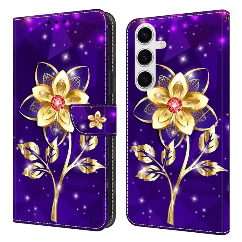 Folio Deksel Samsung Galaxy S26 Plus Gyldne Blomster På Lilla Bakgrunn