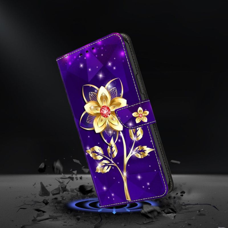 Folio Deksel Samsung Galaxy S26 Plus Gyldne Blomster På Lilla Bakgrunn
