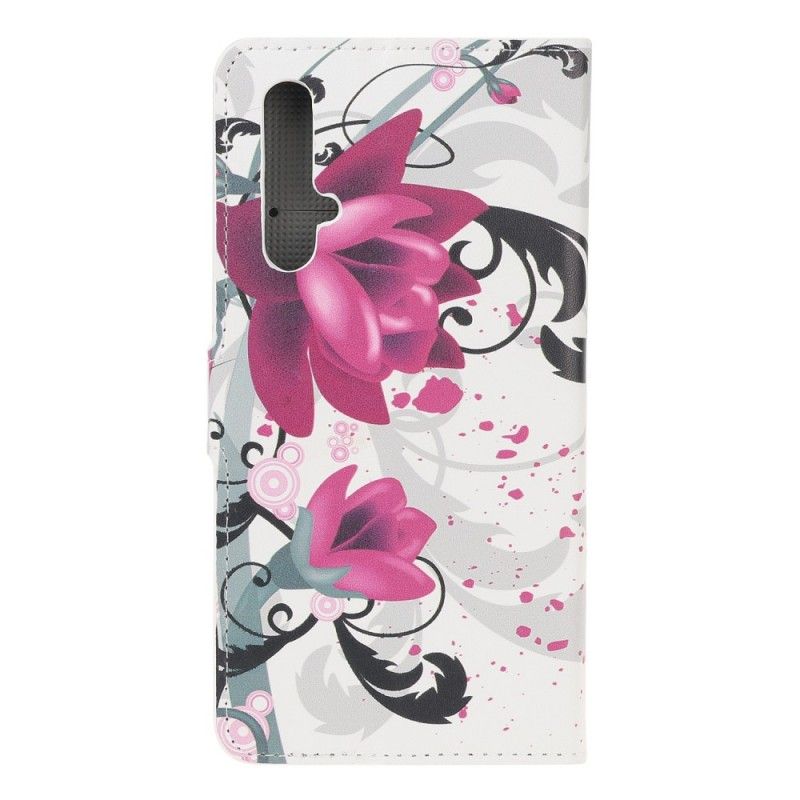 Folio Deksel Huawei Nova 5T Magenta Tropiske Blomster