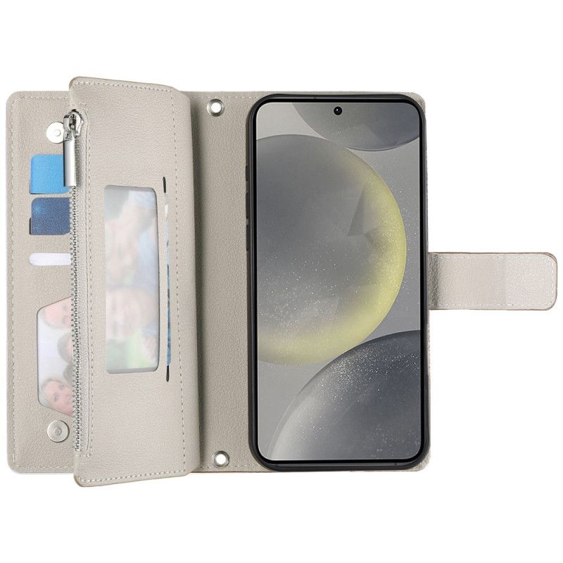 Folio Deksel Samsung Galaxy S25 Fe Lommebok I Skinn Med Glidelås Og Stropper Beskyttelse Deksel