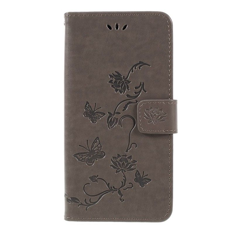 Folio Deksel Samsung Galaxy A7 Svart Sommerfugler Og Tanga Blomster