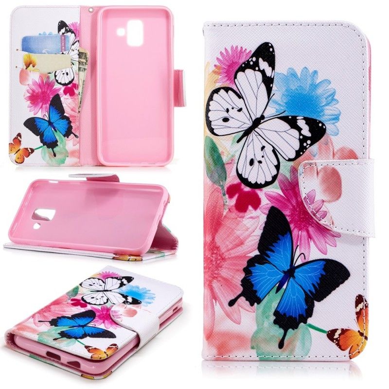 Lærdeksel Folio Deksel Samsung Galaxy A6 Rosa Malte Sommerfugler Og Blomster