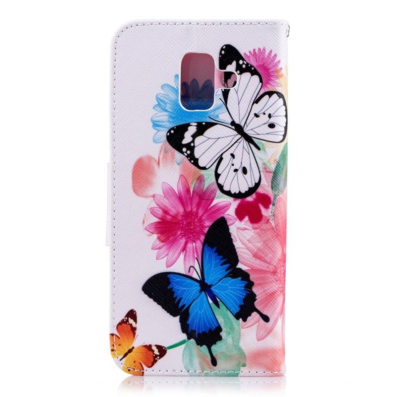 Lærdeksel Folio Deksel Samsung Galaxy A6 Rosa Malte Sommerfugler Og Blomster