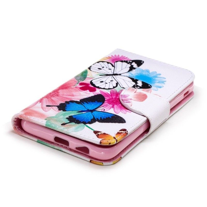 Lærdeksel Folio Deksel Samsung Galaxy A6 Rosa Malte Sommerfugler Og Blomster