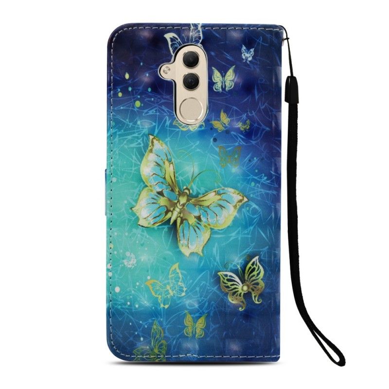 Lærdeksel Folio Deksel Huawei Mate 20 Lite Mobildeksel 3D Gyldne Sommerfugler