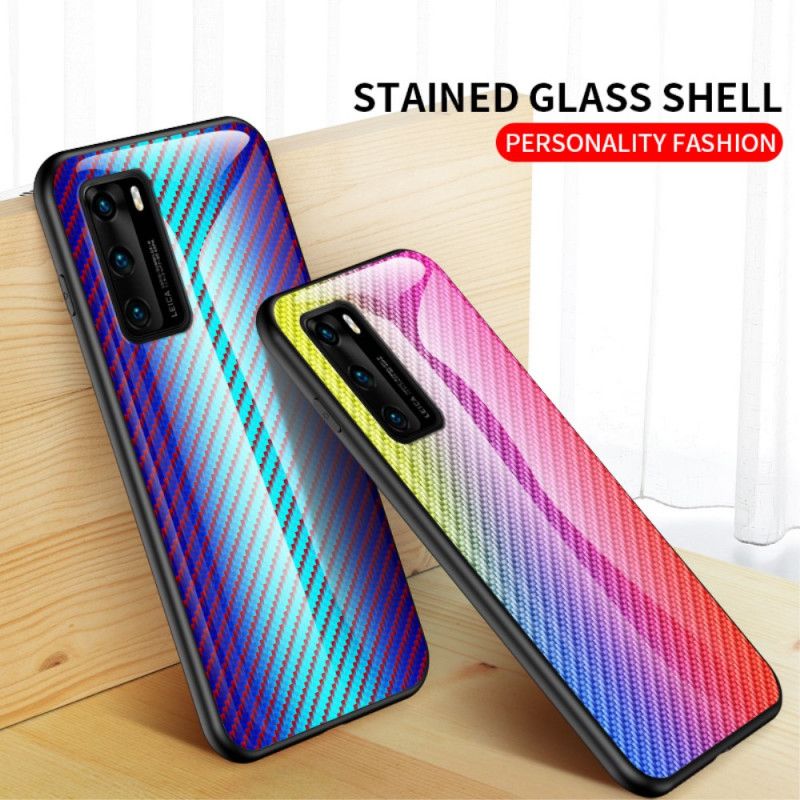 Deksel Huawei P40 Magenta Karbonfiber Herdet Glass