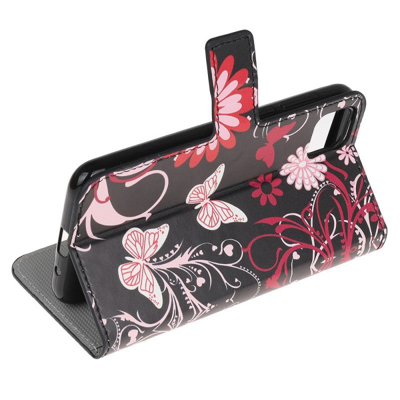 Folio Deksel for Huawei Y5p Svart Sommerfugler Og Blomster