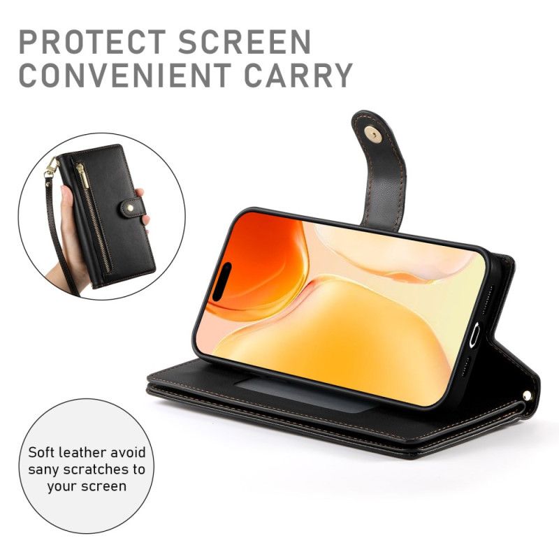 Folio Deksel iPhone 17 Lommebok Med Glidelåslomme Og Stropper