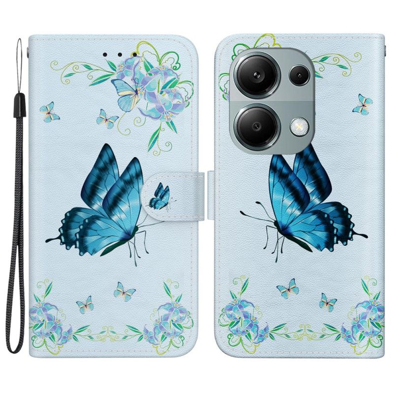 Folio Deksel Xiaomi Redmi Note 13 Pro 4g Blå Sommerfugl Og Blomster Med Stropp Beskyttelse Deksel