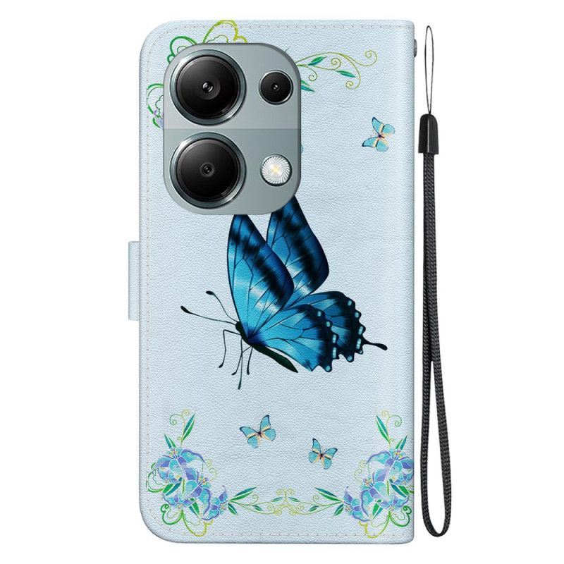 Folio Deksel Xiaomi Redmi Note 13 Pro 4g Blå Sommerfugl Og Blomster Med Stropp Beskyttelse Deksel