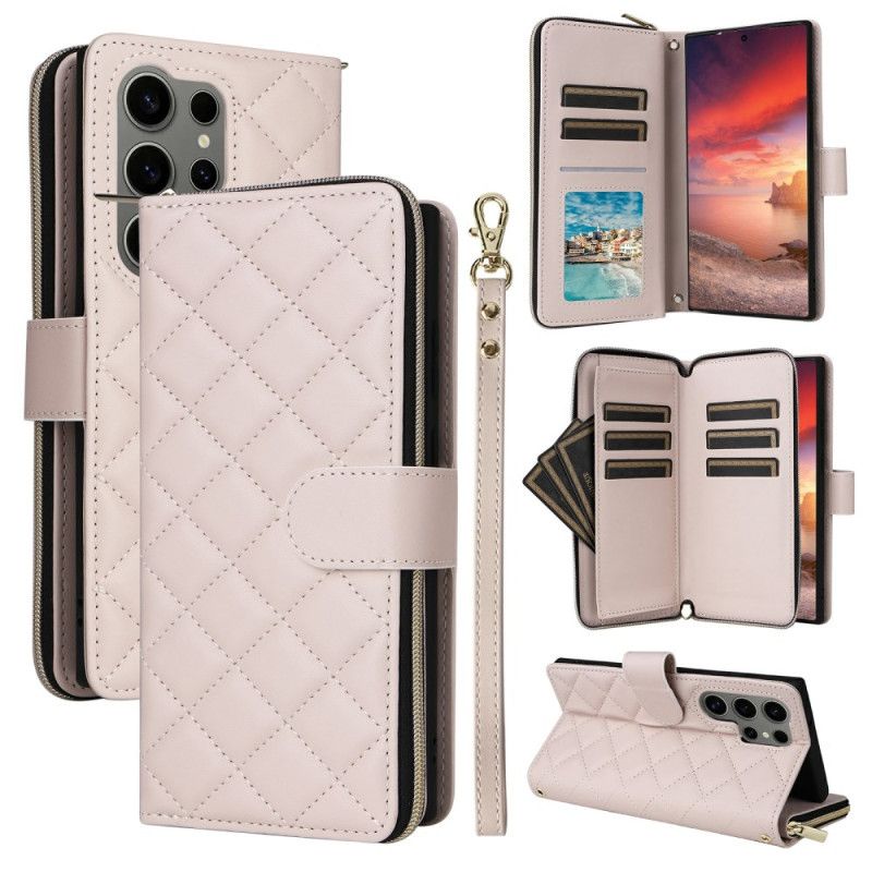 Folio Deksel Til Samsung Galaxy S25 Ultra 5g Vattert Lommebok Med Stropp Og Skulderstropp