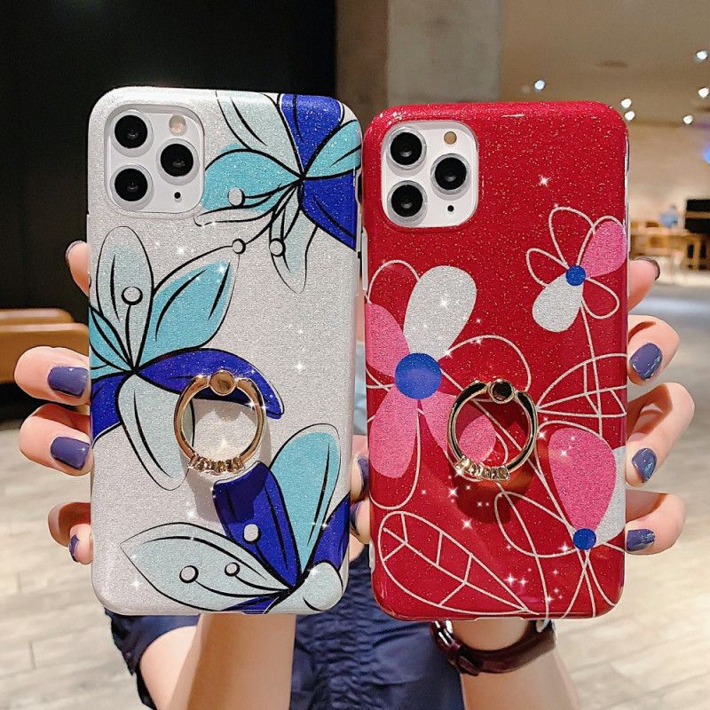 Deksel iPhone 11 Pro Rød Ringholder Blomster Paljetter Beskyttelse
