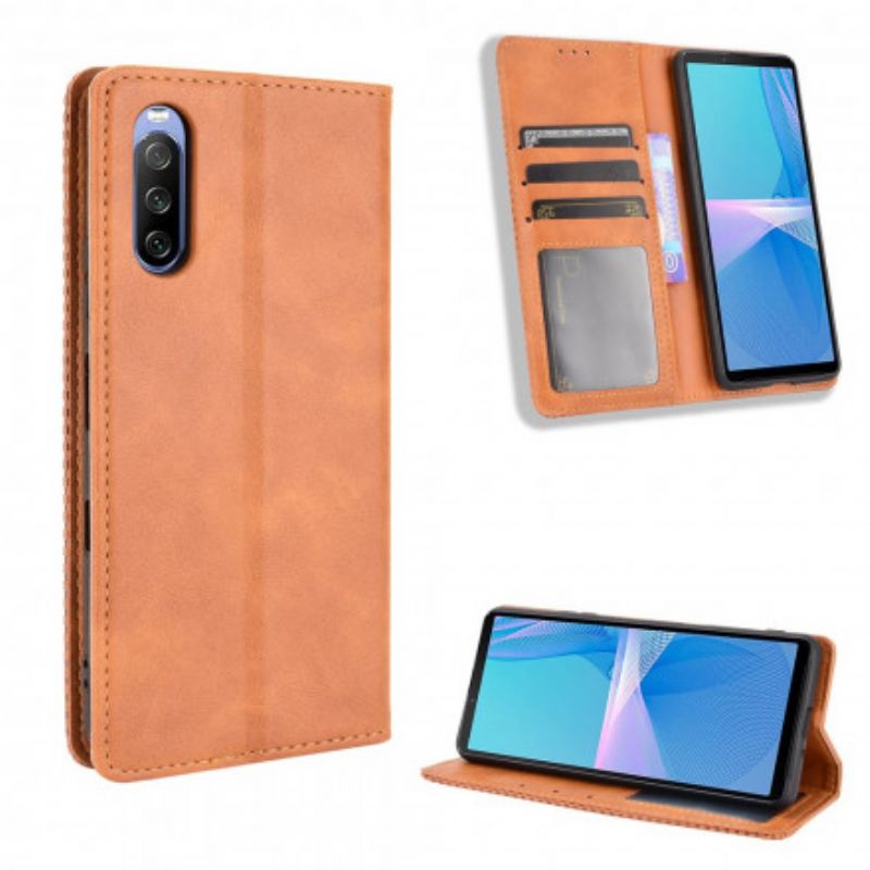 Folio Deksel Lær Sony Xperia 10 Iii Mobildeksel Stilisert Vintage Skinneffekt
