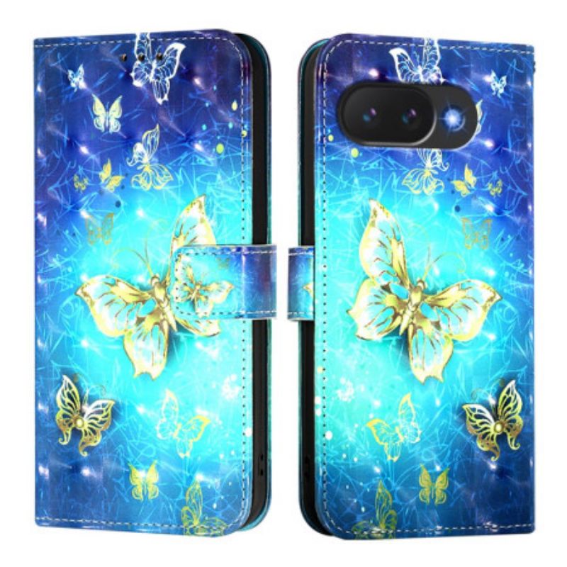 Lærdeksel Folio Deksel Google Pixel 10a Mobildeksel Gyldne Sommerfugler