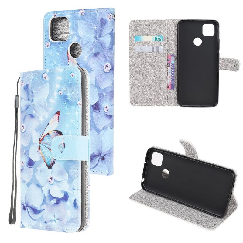 Lærdeksel Folio Deksel Xiaomi Redmi 9C Mobildeksel Diamantsommerfugler Med Tanga