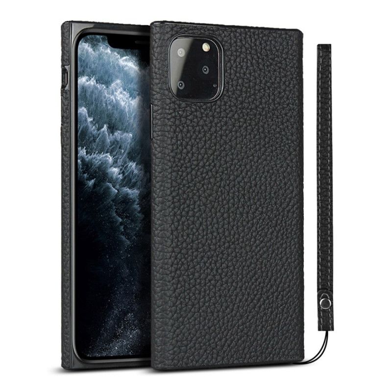Deksel iPhone 11 Pro Max Svart Mobildeksel Ekte Litchi Med Stropp