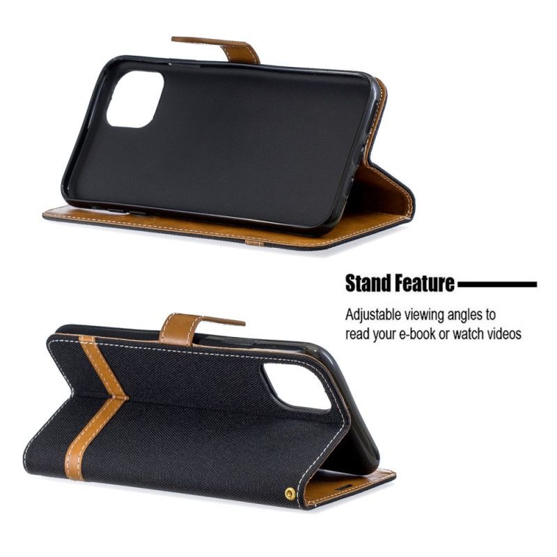 Folio Deksel iPhone 11 Pro Max Svart Stoff Og Læreffekt Med Tanga Anti-fall