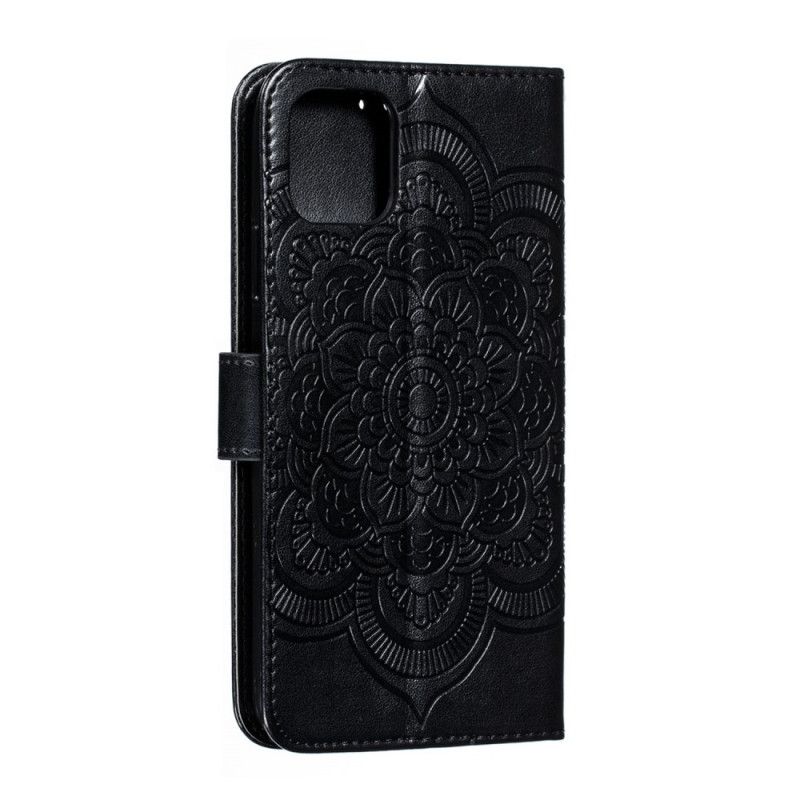 Lærdeksel Folio Deksel iPhone 11 Pro Max Svart Mobildeksel Hel Mandala Med Tanga