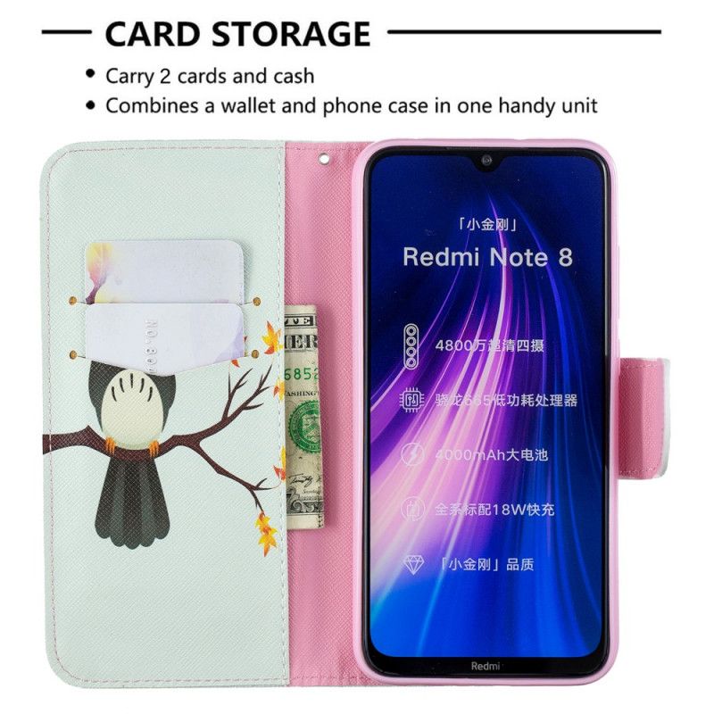 Folio Deksel Xiaomi Redmi Note 8 Ugle Som Ligger På Grenen Anti-fall