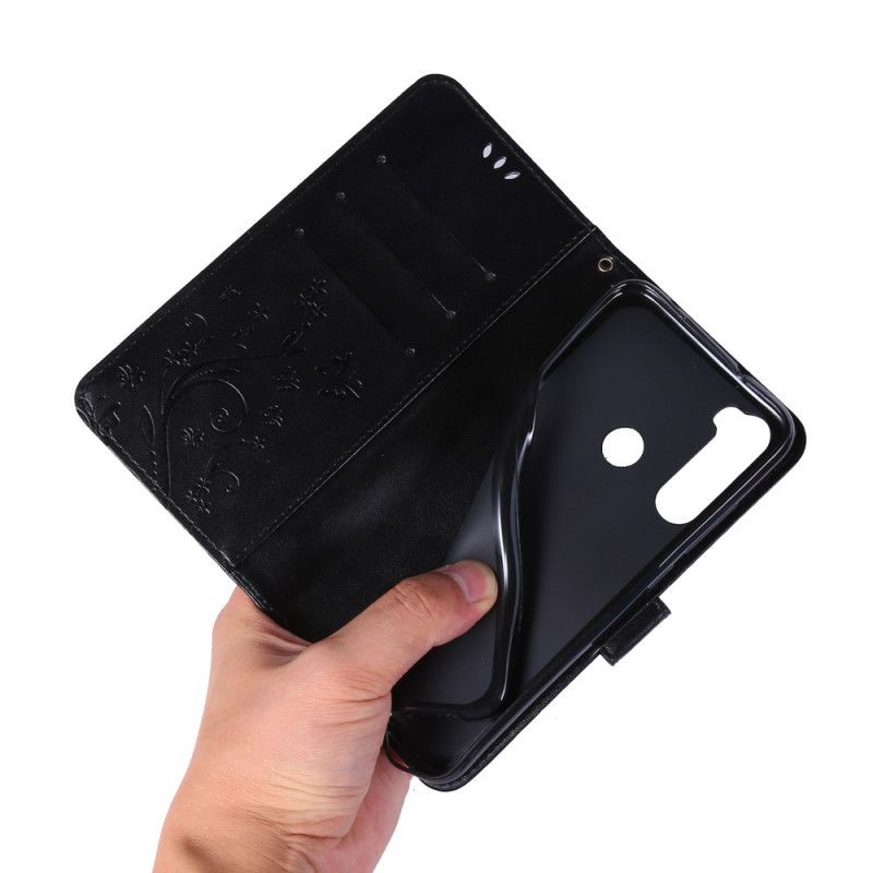 Lærdeksel Folio Deksel Xiaomi Redmi Note 8 Svart Mobildeksel Sommerfugler Og Blomster