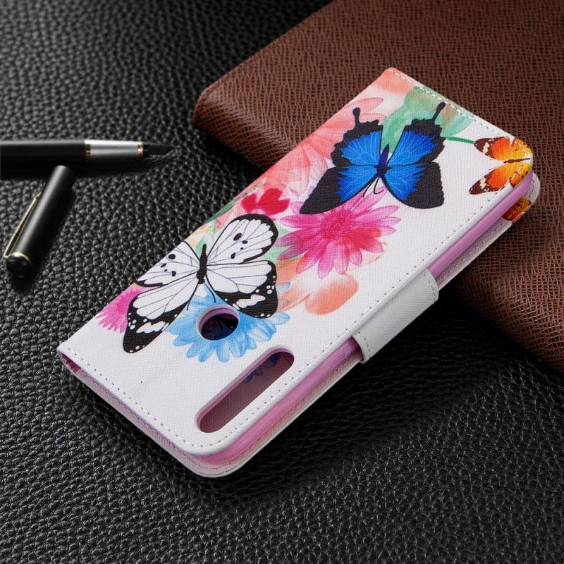 Folio Deksel for Huawei P40 Lite E / Y7p Magenta Malte Sommerfugler Og Blomster