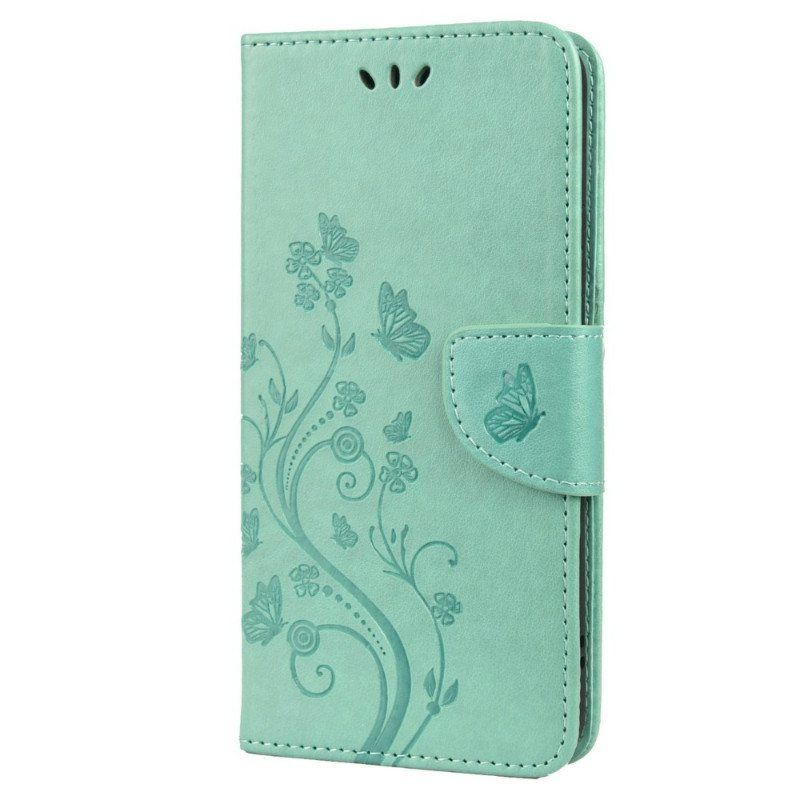 Folio Deksel Til Samsung Galaxy S22 Plus 5G Sommerfugler Og Blomster Med Snor