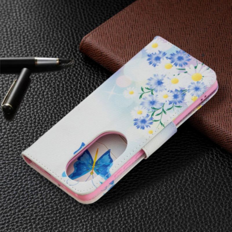 Lærdeksel Folio Deksel Huawei P50 Pro Malte Sommerfugler Og Blomster