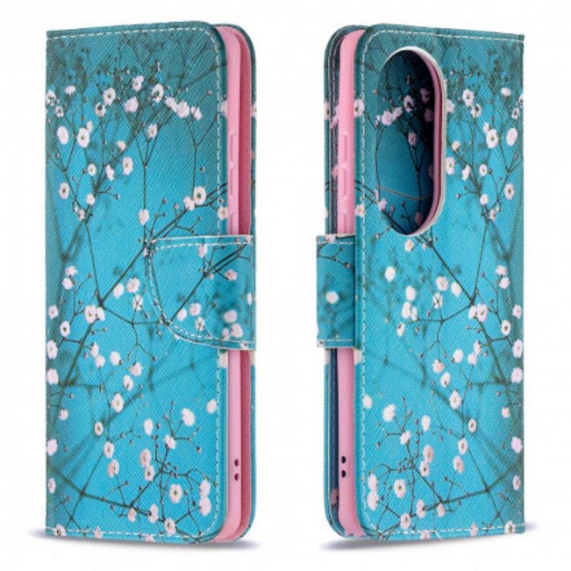 Lærdeksel Folio Deksel Huawei P50 Pro Mobildeksel Blomstrende Tre