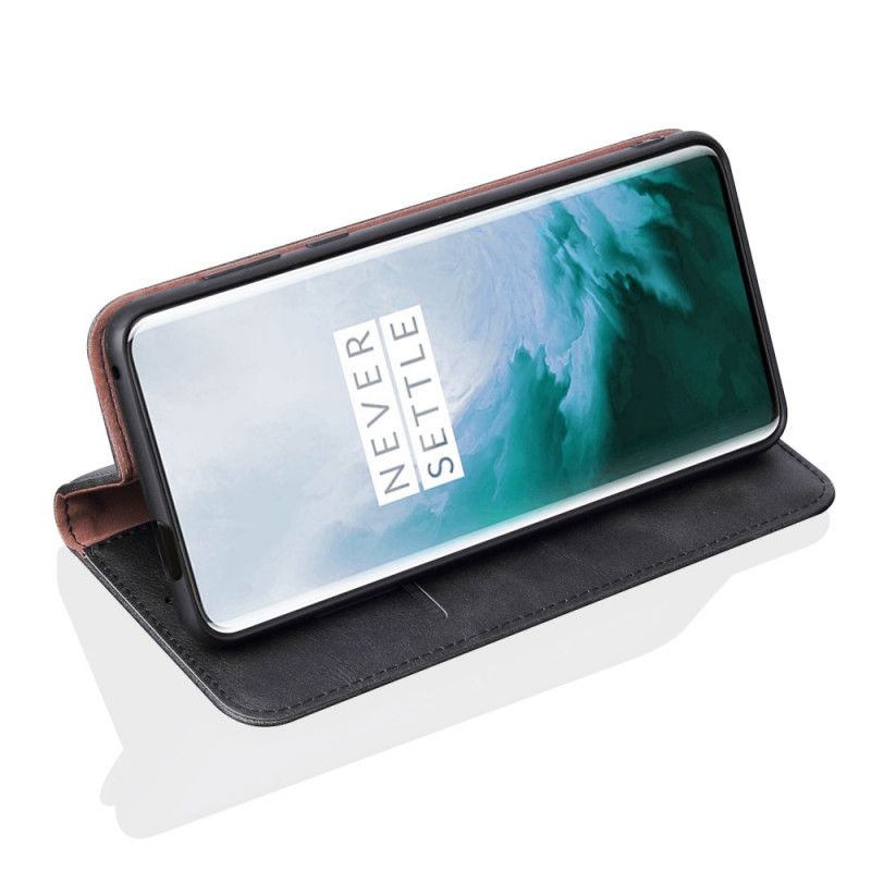Folio Deksel OnePlus 7T Pro Svart Mobildeksel Sydd Skinneffekt