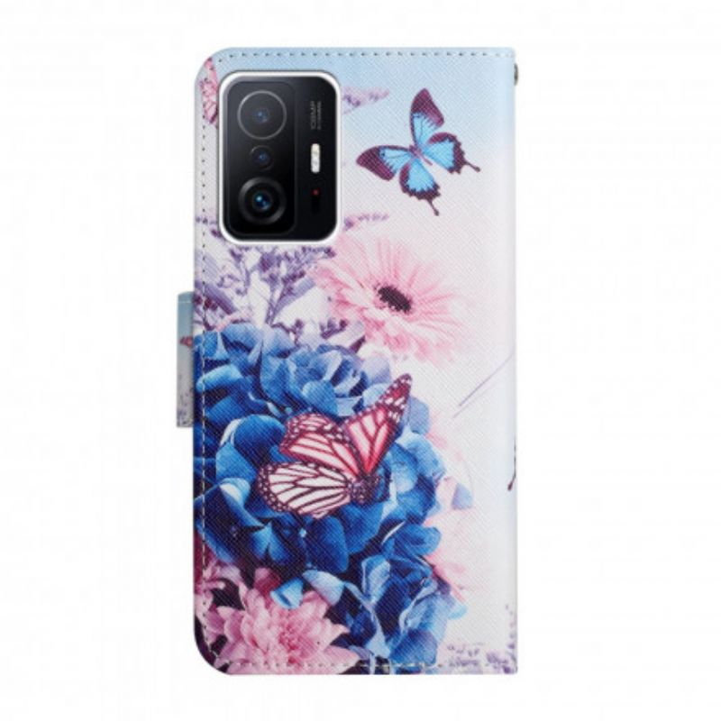 Lærdeksel Folio Deksel Xiaomi Mi 11t / 11t Pro Mobildeksel Bukett Med Blomster Og Sommerfugler