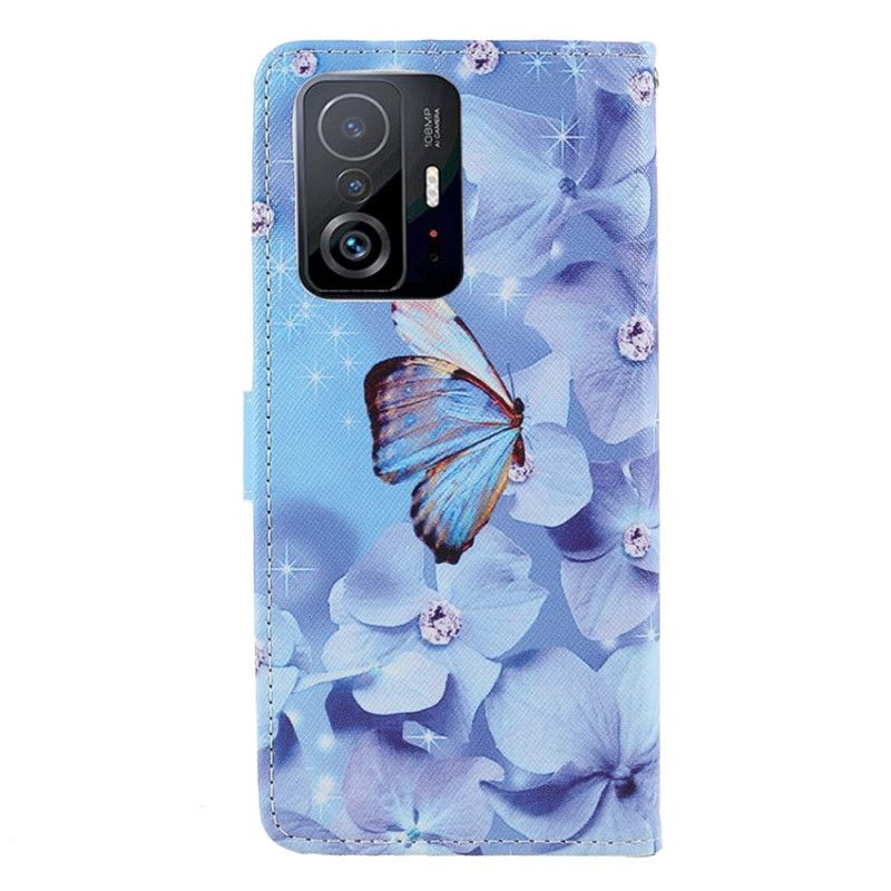 Lærdeksel Folio Deksel Xiaomi Mi 11t / 11t Pro Mobildeksel Diamond Strappy Butterflies