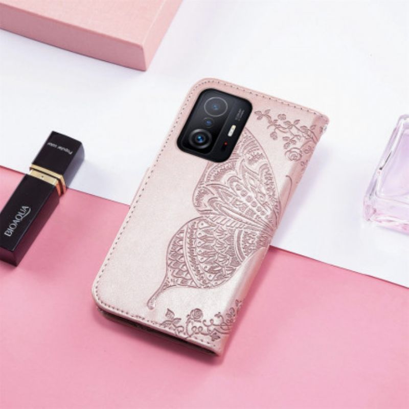 Lærdeksel Folio Deksel Xiaomi Mi 11t / 11t Pro Mobildeksel Halve Sommerfugler