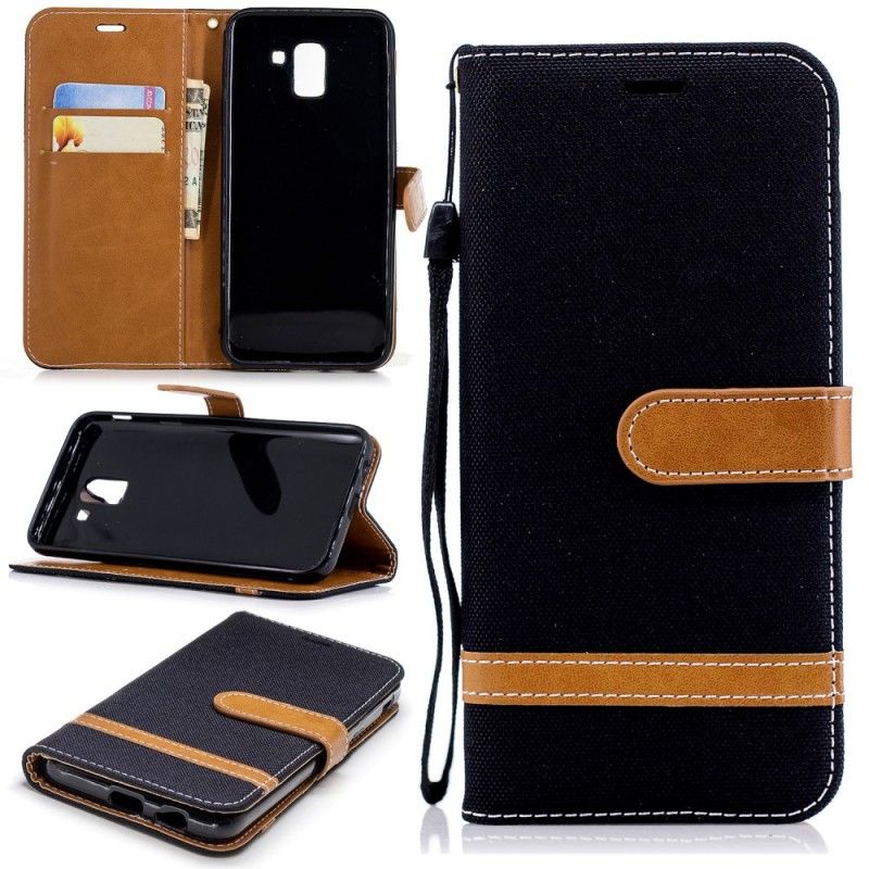 Folio Deksel Samsung Galaxy J6 Svart Stoff Og Skinneffekt