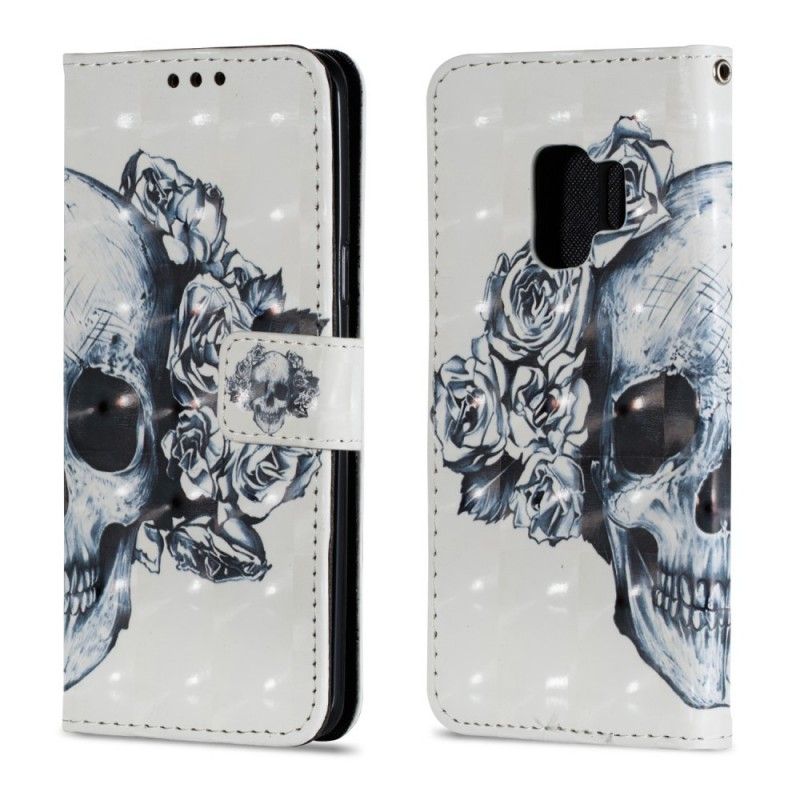 Lærdeksel Folio Deksel Samsung Galaxy S9 Mobildeksel 3D Blomsterskalle