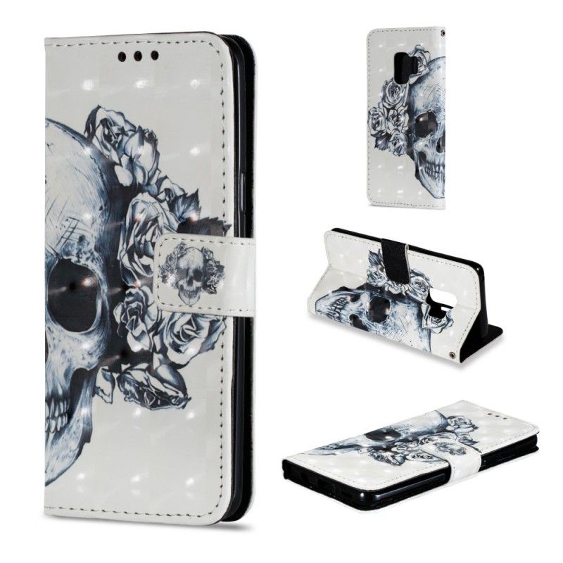 Lærdeksel Folio Deksel Samsung Galaxy S9 Mobildeksel 3D Blomsterskalle