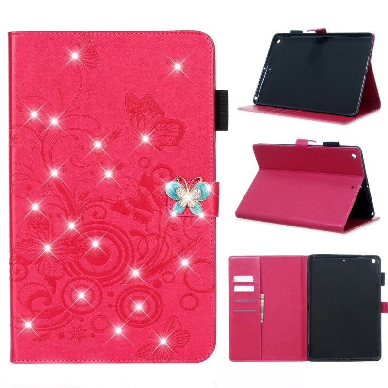 Folio Deksel for iPad 10.2" (2019) (2020) Rød Skinneffekt Sommerfugler Diamanter