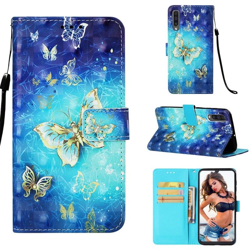 Folio Deksel Samsung Galaxy A50 Gyldne Sommerfugler Anti-fall