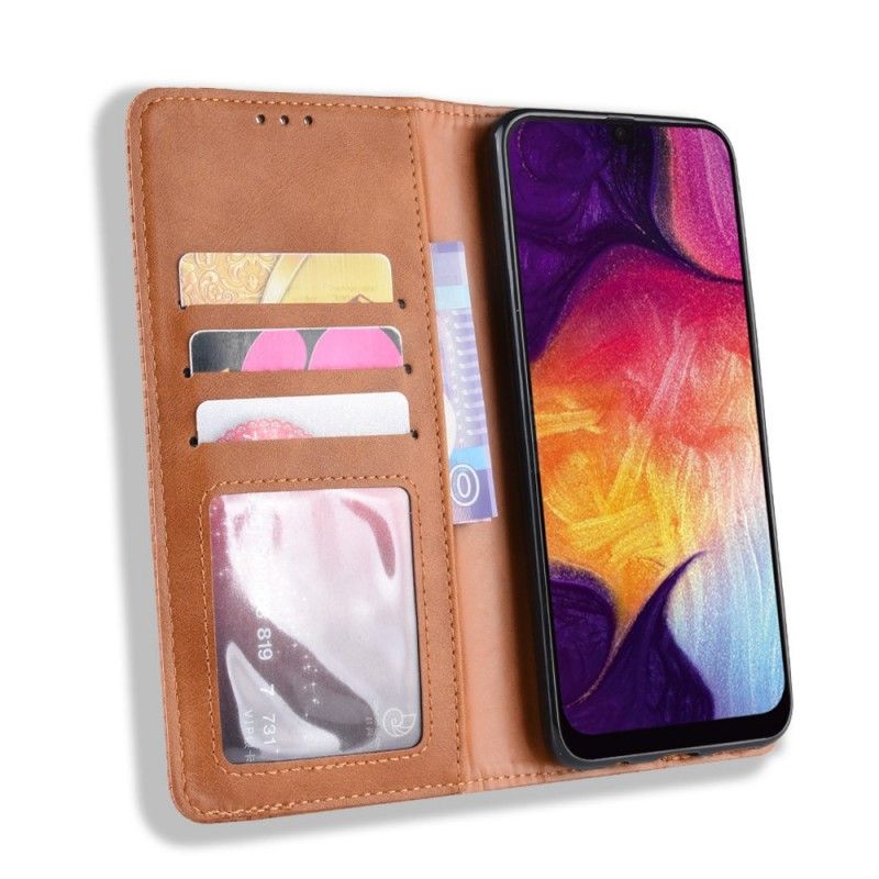 Folio Deksel Samsung Galaxy A50 Svart Mobildeksel Stilisert Vintage Skinneffekt