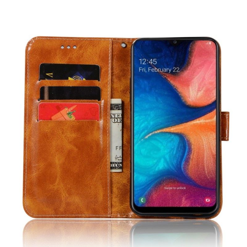 Folio Deksel Samsung Galaxy A20e Grå Vintage Skinneffekt Med Stropp