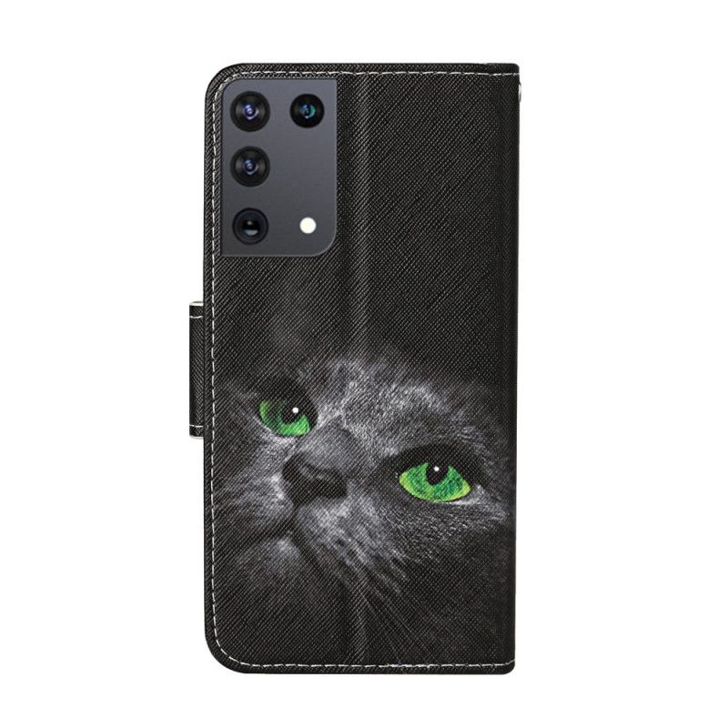 Folio Deksel Samsung Galaxy S21 Ultra 5G Katt Med Grønne Øyne Med Tanga