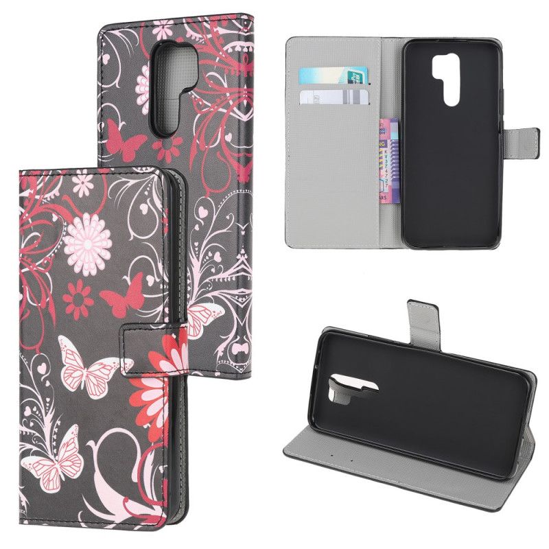 Folio Deksel Xiaomi Redmi 9 Svart Sommerfugler Og Blomster