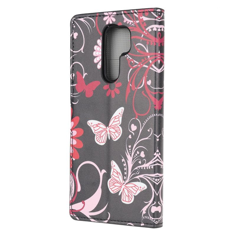 Folio Deksel Xiaomi Redmi 9 Svart Sommerfugler Og Blomster