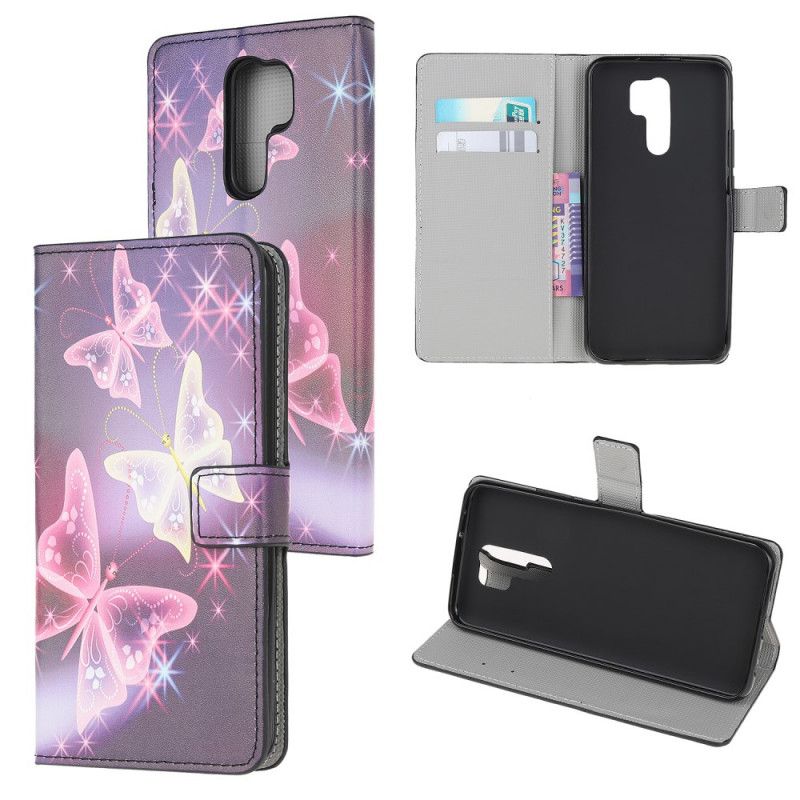 Folio Deksel Xiaomi Redmi 9 Svart Sommerfugler Og Blomster