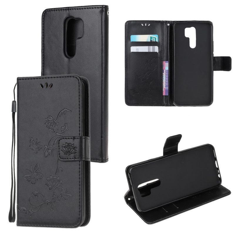 Folio Deksel Xiaomi Redmi 9 Svart Sommerfugler Og Blomster I Asia