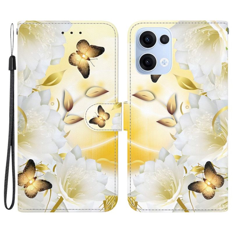 Lærdeksel Folio Deksel Oppo Reno 13 5g Mobildeksel Gullsommerfugler Og Hvite Blomster