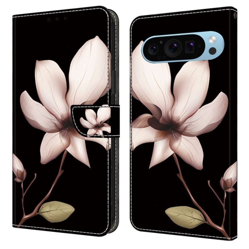 Lærdeksel Folio Deksel Google Pixel 9 Pro Xl Mobildeksel Rosa Blomst På Svart Bakgrunn
