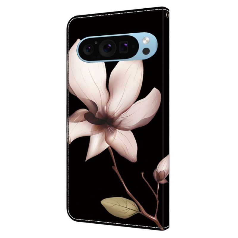 Lærdeksel Folio Deksel Google Pixel 9 Pro Xl Mobildeksel Rosa Blomst På Svart Bakgrunn